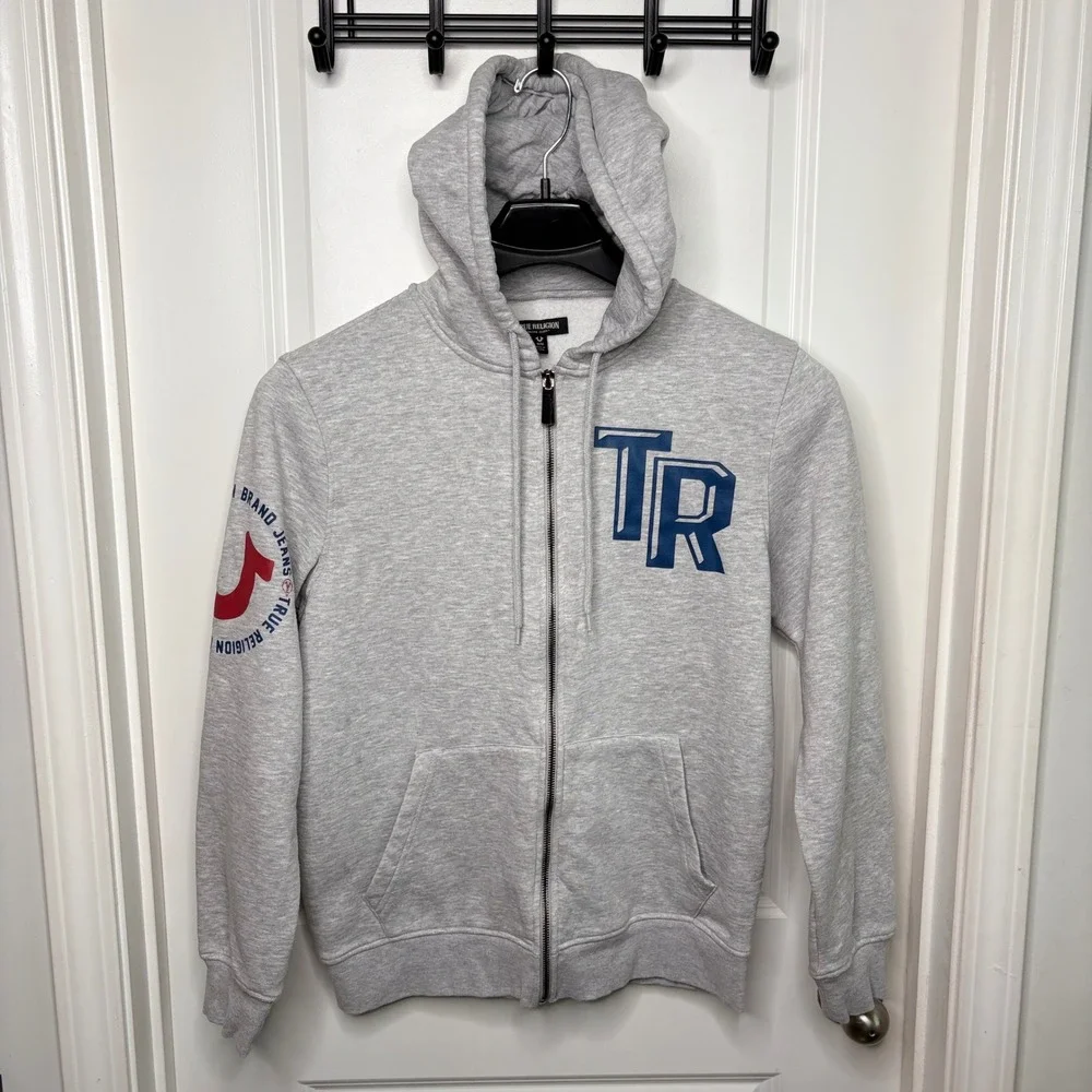 True Religion Gray Graphic Zip Up Hoodie Sweatshirt Mens Size M Y2K Steetwear